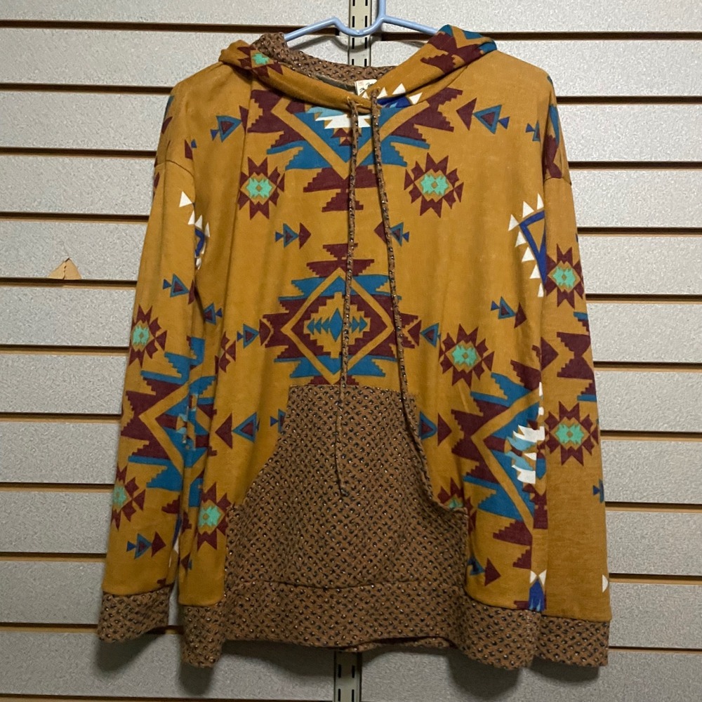 7th Ray‎ Southwest Aztec Geometric Print Hoodie Sweatshirt Women's Small Mustard